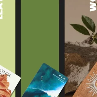 Three vertical panels with plant imagery and sample cards reading 'Leather Card' and 'Plant-Based', suggesting sustainability themes.