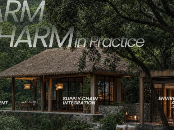 Rustic lodge in a forest setting with an overhead tree and glass walls; large overlay text reads 'Farm Charm in Practice' with sublabels 'Active Engagement', 'Supply Chain Integration', and 'Environmental Alignment'.
