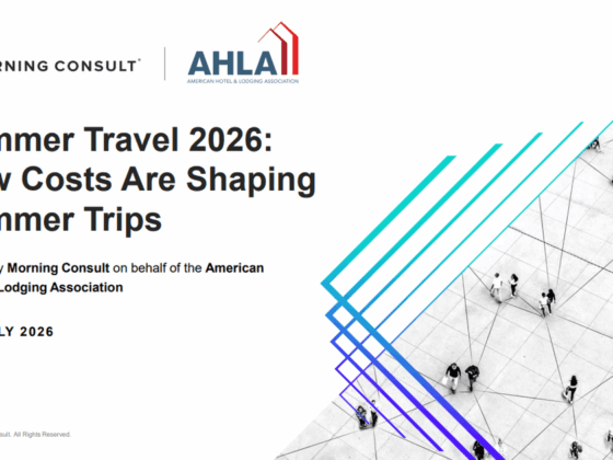 Cover slide for a report: 'Summer Travel 2026: How Costs Are Shaping Summer Trips' with Morning Consult and AHLA logos, over a grayscale aerial photo with cyan diagonal lines.