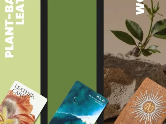 Three vertical panels with plant imagery and sample cards reading 'Leather Card' and 'Plant-Based', suggesting sustainability themes.