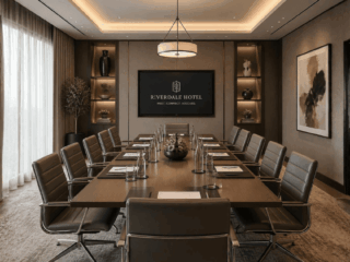 Luxurious hotel boardroom with a long wooden table, gray leather chairs, and a wall screen reading 'Riverdale Hotel'.