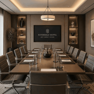 Luxurious hotel boardroom with a long wooden table, gray leather chairs, and a wall screen reading 'Riverdale Hotel'.