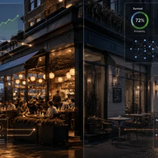 Night scene of a busy cafe with dynamic data dashboards overlaying the image, showing ratings, charts, and review panels.