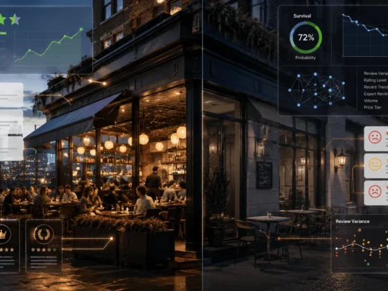 Night scene of a busy cafe with dynamic data dashboards overlaying the image, showing ratings, charts, and review panels.