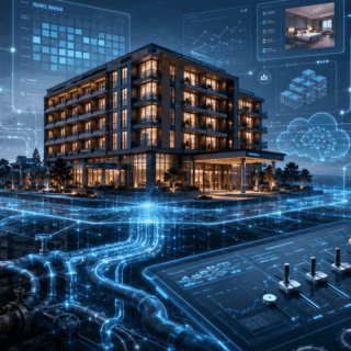 Futuristic smart building surrounded by glowing blue data holograms and a person adjusting a control panel.