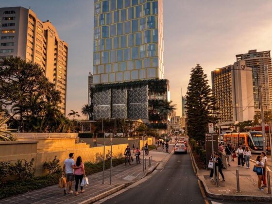 City street at sunset with pedestrians, cyclists, and a tram stop beside modern glass buildings.
