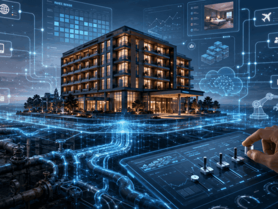 Futuristic smart building surrounded by glowing blue data holograms and a person adjusting a control panel.