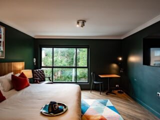Hotel room interior with a large bed, red accent pillows, dark green walls, and a window view; chair, desk, and floor lamp nearby.