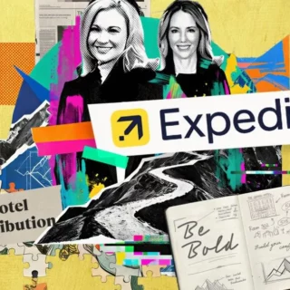 Colorful travel collage with the Expedia logo, bright shapes, and a notebook page reading 'Be Bold' on a yellow background.