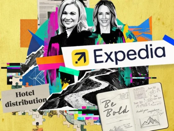 Colorful travel collage with the Expedia logo, bright shapes, and a notebook page reading 'Be Bold' on a yellow background.
