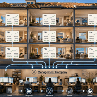 Cross-section of a luxury building showing P&L dashboards on each floor feeding a central management hub with blue data lines and workflow icons at the bottom.