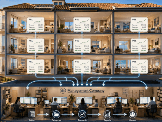 Cross-section of a luxury building showing P&L dashboards on each floor feeding a central management hub with blue data lines and workflow icons at the bottom.