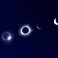 Sequence of crescent moons progressing toward a total solar eclipse on a dark blue gradient, with a small logo in the lower-right corner.