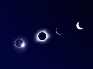 Sequence of crescent moons progressing toward a total solar eclipse on a dark blue gradient, with a small logo in the lower-right corner.