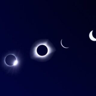 Sequence of crescent moons progressing toward a total solar eclipse on a dark blue gradient, with a small logo in the lower-right corner.