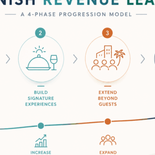 Four-phase progression: Curate what exists; Build signature experiences; Extend beyond guests; Become the destination platform.