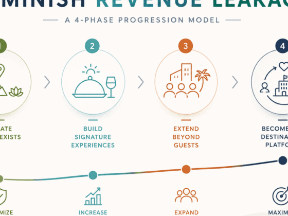 Four-phase progression: Curate what exists; Build signature experiences; Extend beyond guests; Become the destination platform.