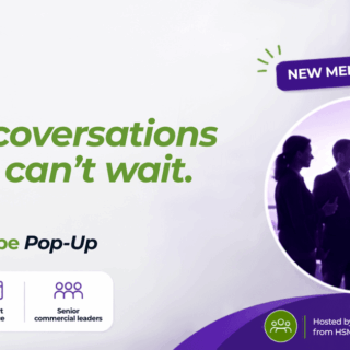 Promotional banner for HSMAI Europe Pop-Up: large green headline and a circular photo of professionals on the right with a purple 'New Member Benefit' badge.