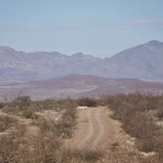 Dusty dirt road winds through an arid desert toward distant purple mountains under a blue sky.