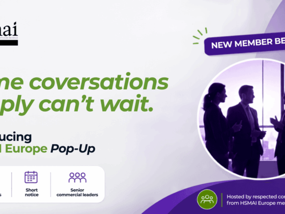 Promotional banner for HSMAI Europe Pop-Up: large green headline and a circular photo of professionals on the right with a purple 'New Member Benefit' badge.