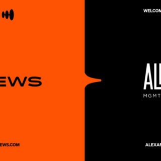 Split poster: left orange panel with MEWS logo and MEWS.COM, right black panel with ALEXA MGMT DVLP logo; top says 'WELCOME TO MEWS', bottom 'ALEXAMGMT.COM'