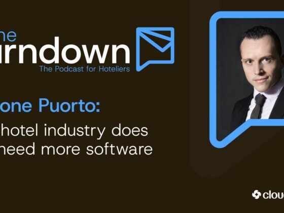 Podcast banner for The Turndown featuring Simone Puorto—'The hotel industry does not need more software.' Portrait of a man in a suit inside a blue speech-bubble frame, Cloudbeds logo bottom-right.