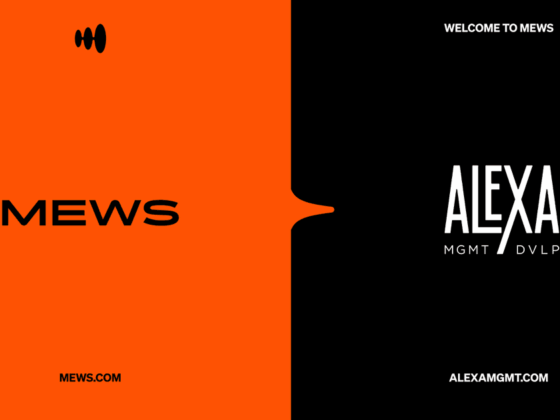 Split poster: left orange panel with MEWS logo and MEWS.COM, right black panel with ALEXA MGMT DVLP logo; top says 'WELCOME TO MEWS', bottom 'ALEXAMGMT.COM'