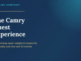 The Camry Guest Experience—What cheap open-weight AI means for hospitality over the next 12 months (blue gradient hero image).