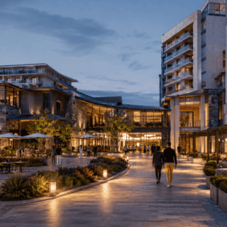 Evening view of a modern outdoor shopping plaza with shops, restaurants, and people strolling along a lit stone walkway.