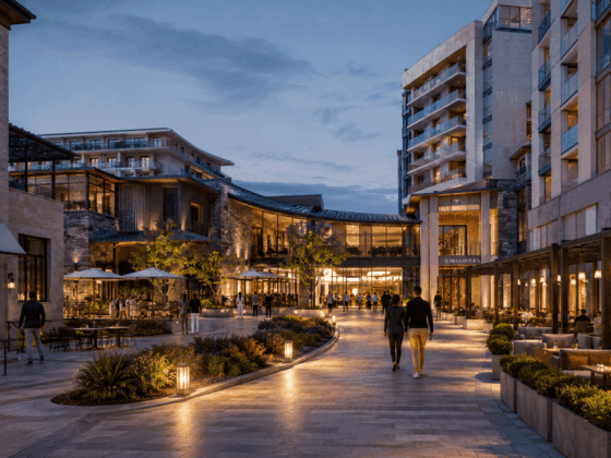 Evening view of a modern outdoor shopping plaza with shops, restaurants, and people strolling along a lit stone walkway.