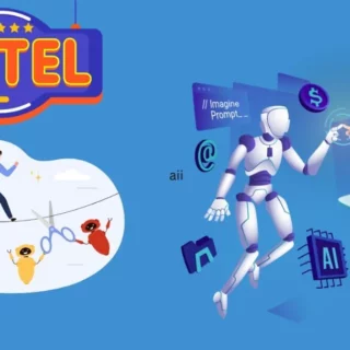 Blue background with a neon 'HOTEL' sign, a person on a cloud scene with tiny characters, and a robot with a laptop symbolizing AI.