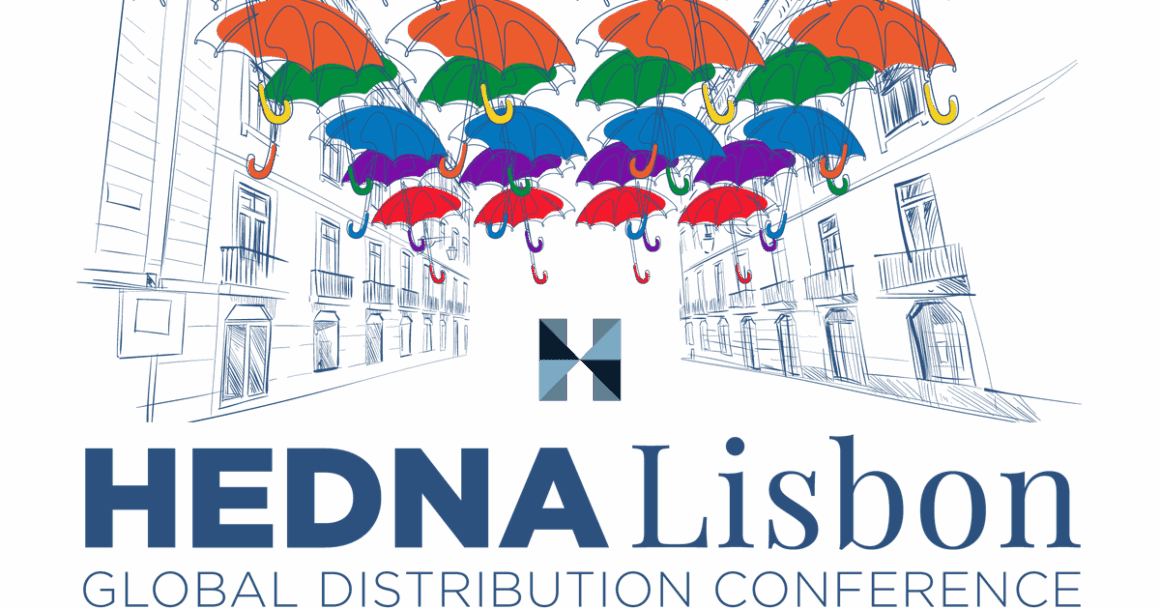 Brand logo for HEDNA Lisbon Global Distribution Conference with colorful umbrellas over a sketched city street and the event name below.