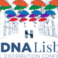 Brand logo for HEDNA Lisbon Global Distribution Conference with colorful umbrellas over a sketched city street and the event name below.
