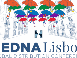 Brand logo for HEDNA Lisbon Global Distribution Conference with colorful umbrellas over a sketched city street and the event name below.