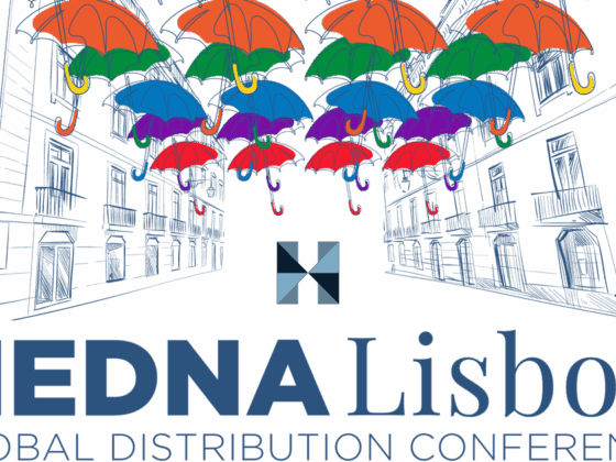 Brand logo for HEDNA Lisbon Global Distribution Conference with colorful umbrellas over a sketched city street and the event name below.