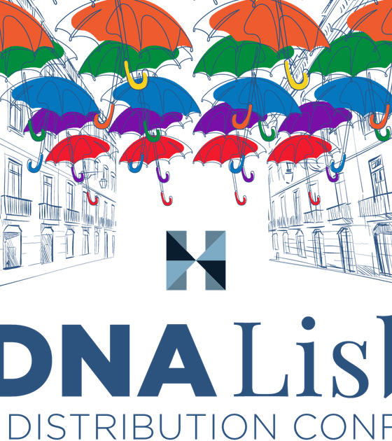 Brand logo for HEDNA Lisbon Global Distribution Conference with colorful umbrellas over a sketched city street and the event name below.