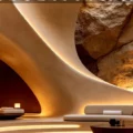 Luxurious cave-inspired lounge with curved cream seating and warm amber lighting.