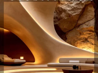 Luxurious cave-inspired lounge with curved cream seating and warm amber lighting.