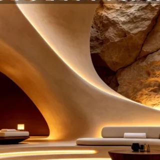 Luxurious cave-inspired lounge with curved cream seating and warm amber lighting.