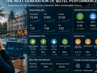 Businessperson reviewing a holographic hotel KPI dashboard with occupancy, revenue, sustainability, and people metrics overlaying a glass wall by a laptop and coffee cup in a hotel lobby scene.
