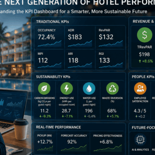 Businessperson reviewing a holographic hotel KPI dashboard with occupancy, revenue, sustainability, and people metrics overlaying a glass wall by a laptop and coffee cup in a hotel lobby scene.