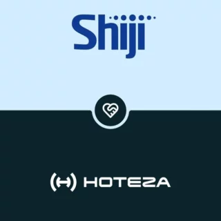Shiji logo at the top, circle badge with a heart in the center, and HOTEL2A logo on a dark rounded banner beneath.