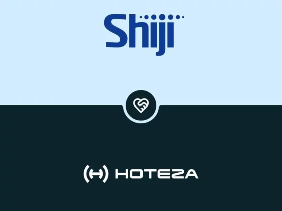 Shiji logo at the top, circle badge with a heart in the center, and HOTEL2A logo on a dark rounded banner beneath.