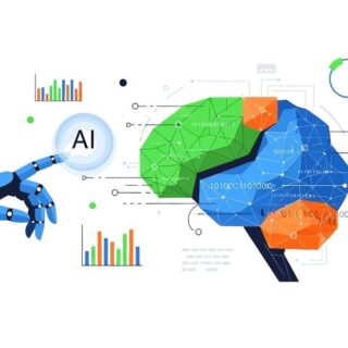 Blue robotic hand points at a colorful, geometric brain labeled AI, surrounded by charts and graphs for data analysis concept—AI visualization.