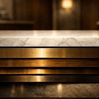 Bar counter front with a white marble top and stacked brass-gold metal panels in warm, dim lighting