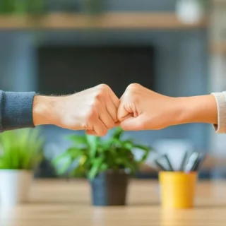 Two people fist-bumping over a desk in an office, signaling teamwork and agreement in a collaborative workspace