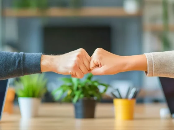 Two people fist-bumping over a desk in an office, signaling teamwork and agreement in a collaborative workspace