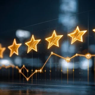 Golden stars arranged in a row with a rising line chart, depicting high ratings and growth.