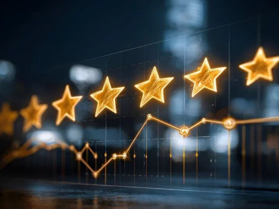 Golden stars arranged in a row with a rising line chart, depicting high ratings and growth.