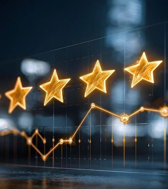 Golden stars arranged in a row with a rising line chart, depicting high ratings and growth.